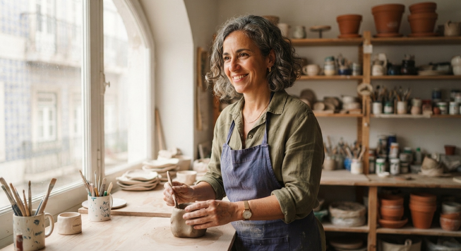 Ceramista portuguesa no seu atelier